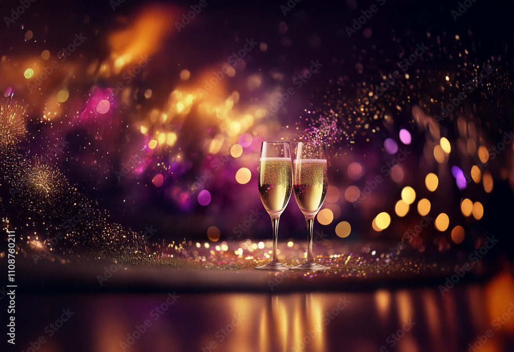 Poster two champagne flutes filled to the brim, sparkle and glitter surrounding them against a bokeh backgr
