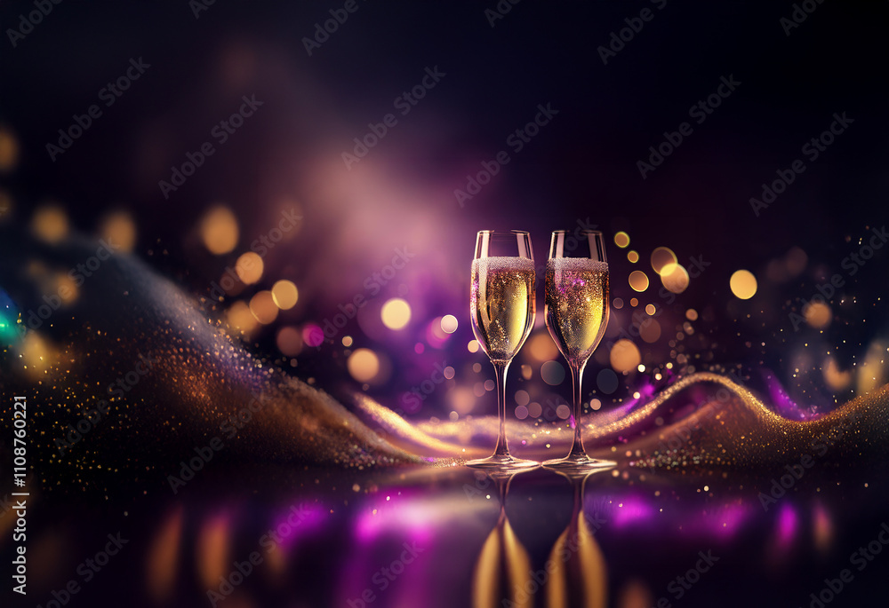 Poster two champagne flutes filled to the brim, sparkling against a backdrop of purple and gold bokeh light
