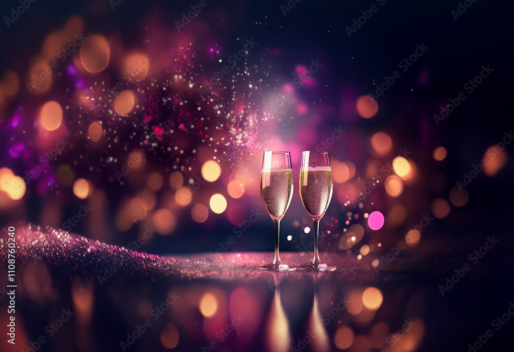 Poster two champagne flutes filled to the brim, stand on a sparkling surface. a bokeh of warm and cool colo
