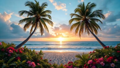 Fototapeta premium Idyllic Tropical Beach. A Serene Shoreline Framed by Lush Palm Trees and Crystal-Clear Waters Under a Bright Blue Sky