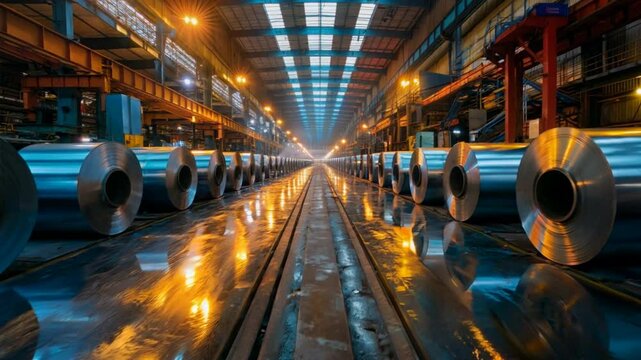 A factory steel sheet, Steel sheet rolls stored in a warehouse. VDO 4k ProRes