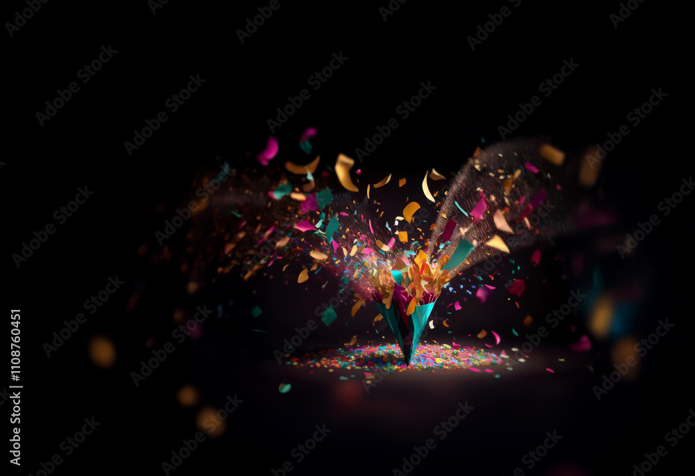 Poster A vibrant burst of multicolored confetti explodes from a pointed paper cone against a dark background.  The image suggests celebration and festivity.