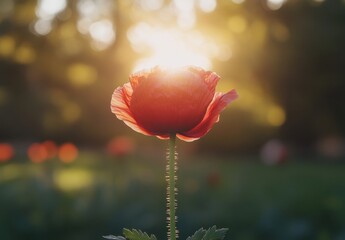 Beautiful Red Flower Bathed in Soft Morning Light with a Gentle Bokeh Effect in a Serene Natural Setting, Perfect for Nature and Floral Illustrations