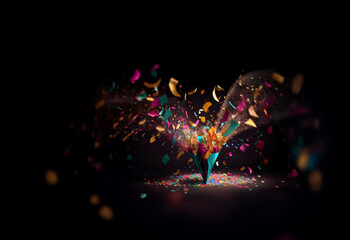 A vibrant burst of multicolored confetti explodes from a pointed paper cone against a dark background.  The image suggests celebration and festivity.