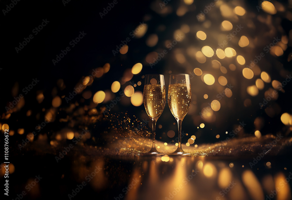 Poster two champagne flutes filled to the brim, sparkle against a bokeh backdrop of golden lights. a celebr