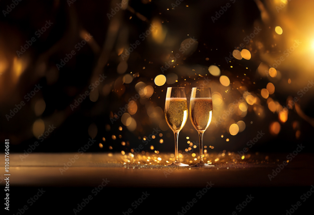 Poster two champagne flutes filled to the brim, sparkling against a backdrop of golden bokeh lights and gli