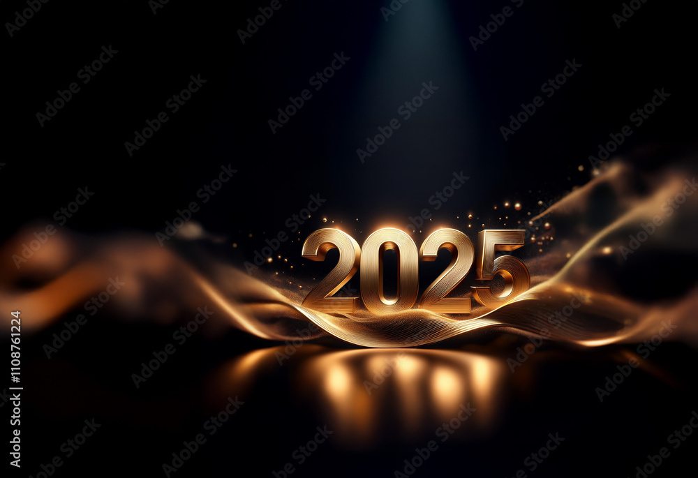 Poster glowing gold 2025 digits rest on a dark, flowing, metallic fabric. sparkling particles add to the ce