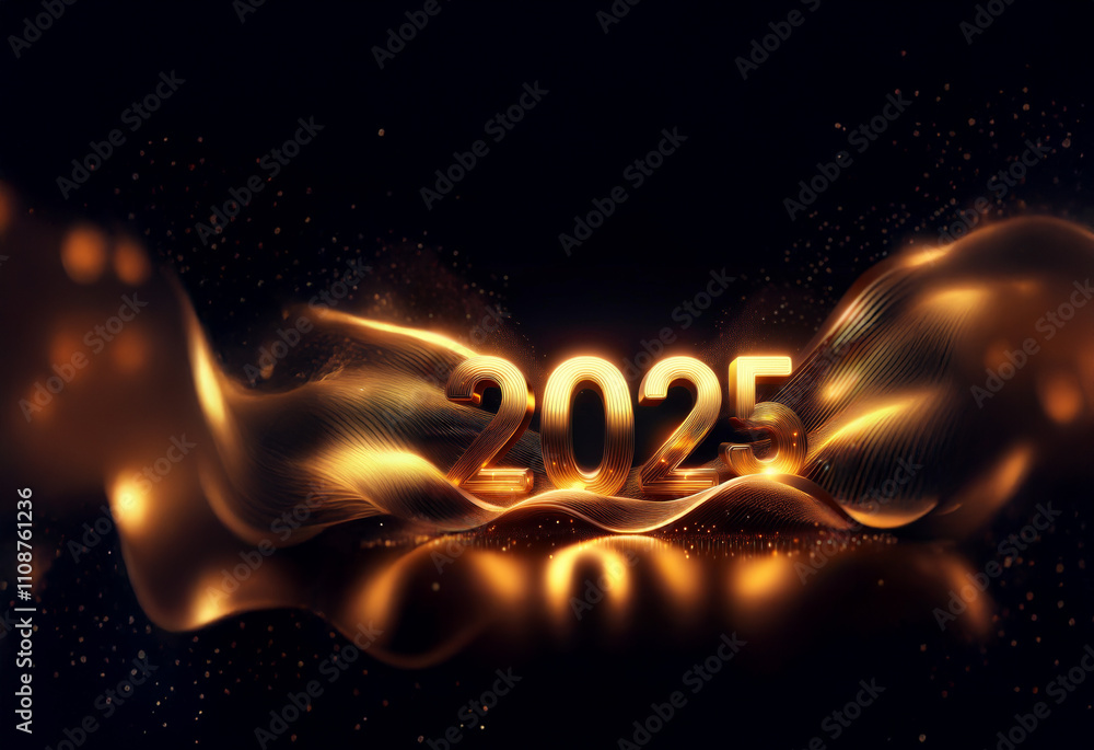 Poster Glowing gold 2025 digits rest on elegant, dark, wavy lines.  Sparkling lights and reflections add to the luxurious, celebratory feel, perfect for a New Year's greeting.