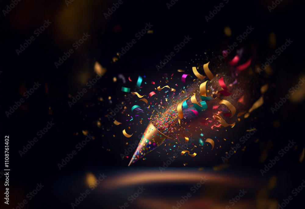 Poster a golden party cone bursts with vibrant confetti and ribbons, creating a festive explosion of color 