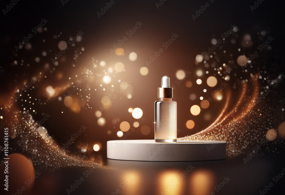 Poster elegant glass bottle with gold cap, filled with shimmering liquid, sits on a minimalist platform aga