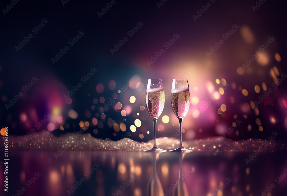 Poster two champagne flutes filled to the brim, bubbles rising, sit on a sparkling surface against a bokeh 