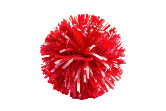 Bright red pom pom made of ribbons used for cheerleading, decorations, or crafts