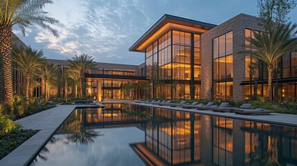 Fototapeta premium Twilight photograph of mix-use building reflecting in still pool with geometric lighting patterns visible in windows