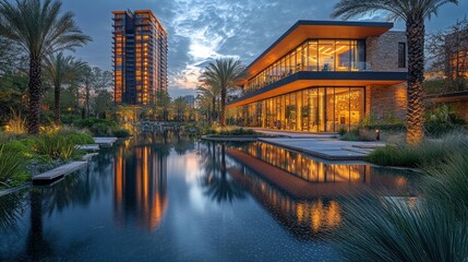 Obraz premium Twilight photograph of mix-use building reflecting in still pool with geometric lighting patterns visible in windows