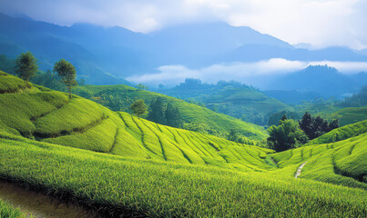 Fototapeta premium Serene green rice terraces misty mountains. Peaceful landscape