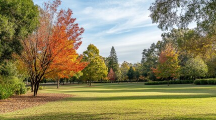 An autumn garden with colorful trees and a peaceful atmosphere, perfect for beautiful seasonal scenery.
