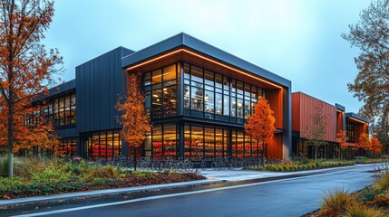 Obraz premium Wide-angle capture of mix-use building bicycle storage facility with industrial design elements