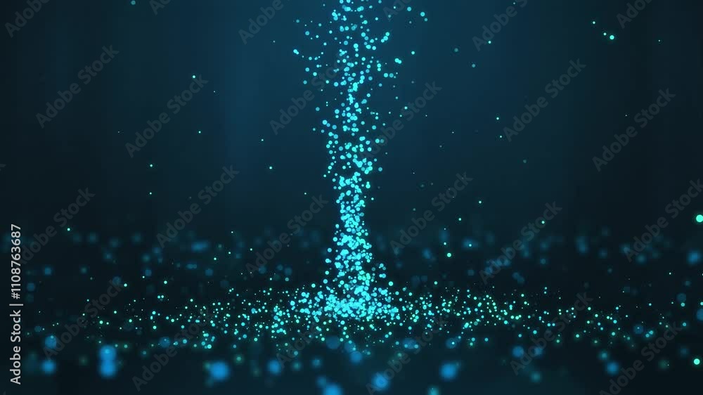 Poster blue tornado at the center of many particles twirling on the ground and flying in the air with light