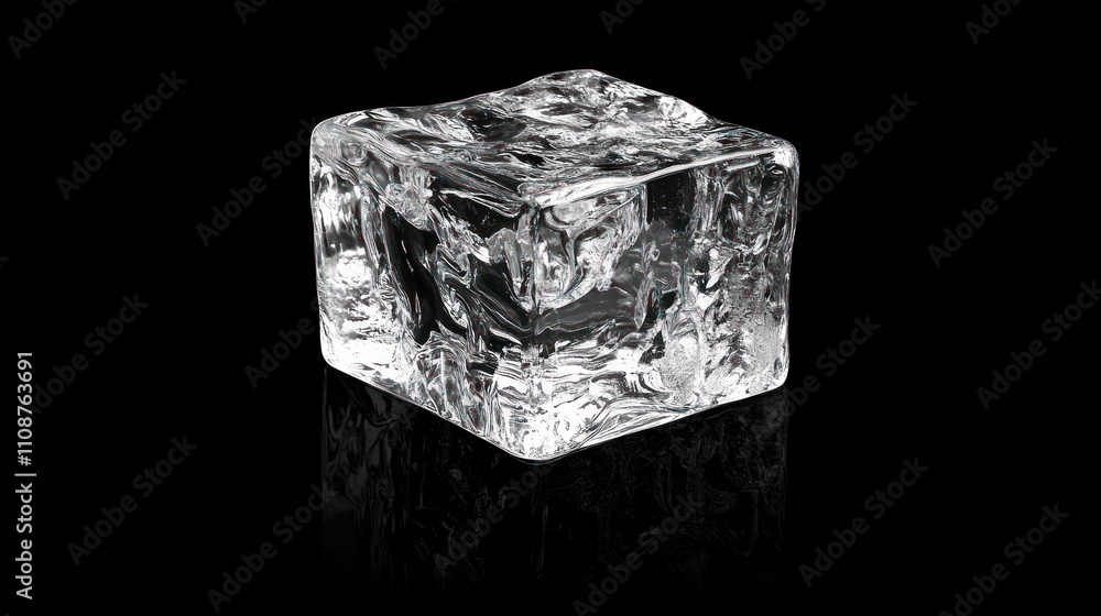 Poster a single clear ice cube on black background