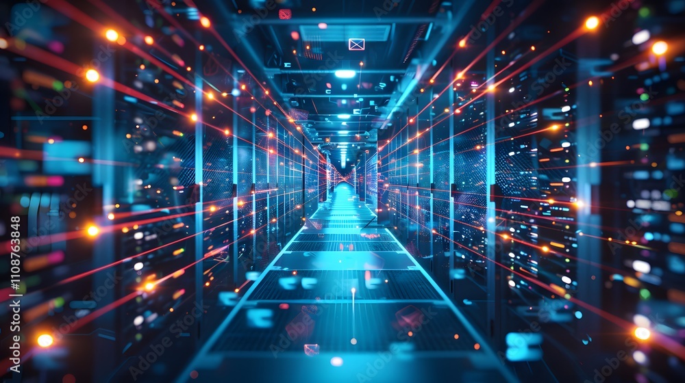 Poster illuminated server room data center network technology