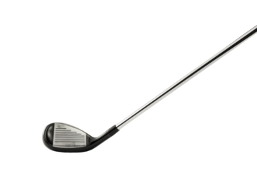 Close-up of a golf club ready for a swing on a pristine green fairway during a sunny day