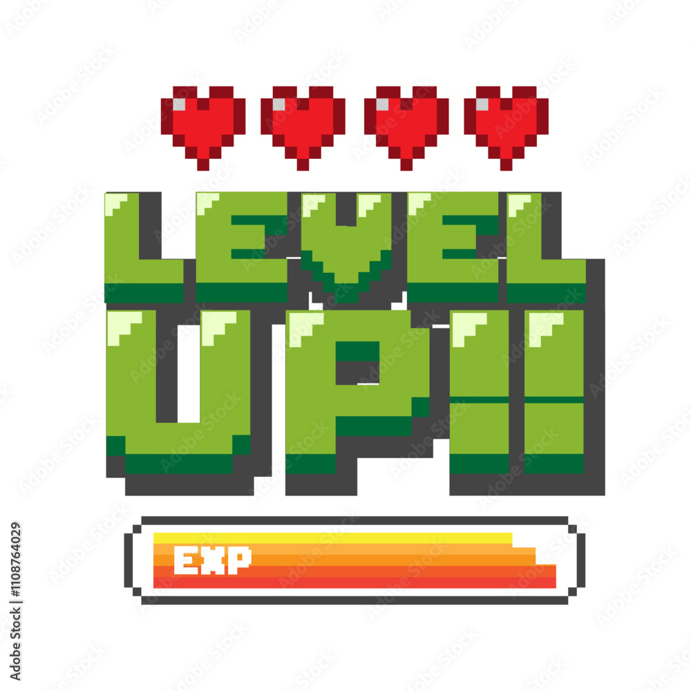 Poster level up !! text with red heart and exp on white background