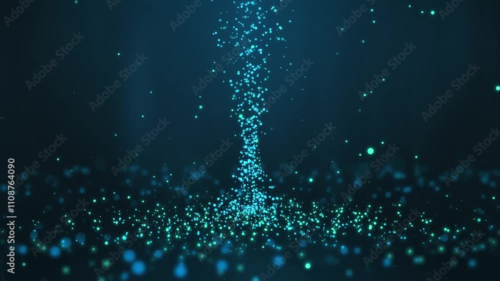 Poster blue tornado at the center of many particles twirling on the ground and flying in the air with light