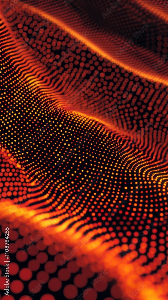 Poster abstract pattern of glowing orange and yellow dots on a dark background, creating a wave-like effect