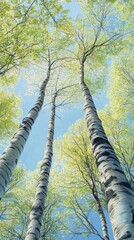 Fototapeta premium Tall, slender birch trees reach towards a clear blue sky, showcasing vibrant green leaves in spring.