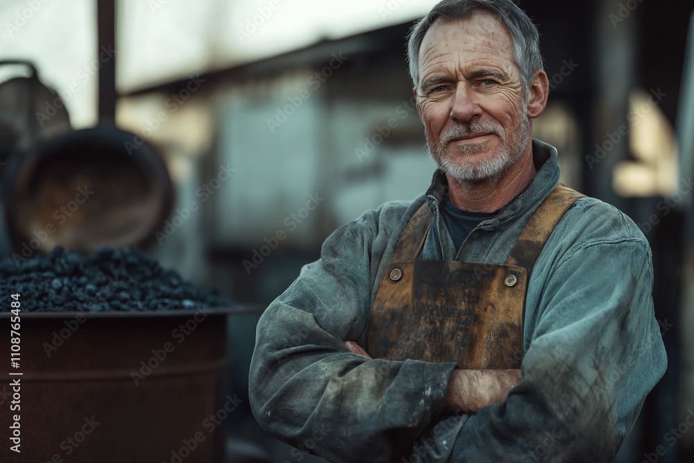 Poster blacksmith working in a rustic forge with tools and materials in the background. generative ai