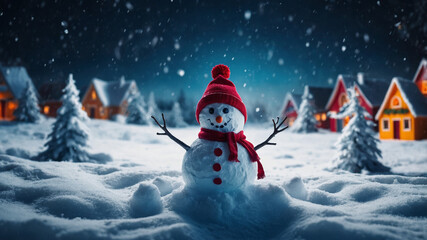 Fototapeta premium Snowman Standing Out in a Serene and Snowy Winter Paradise