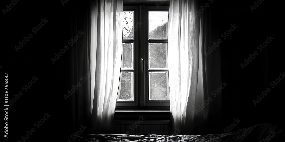 Poster window with white curtains is open