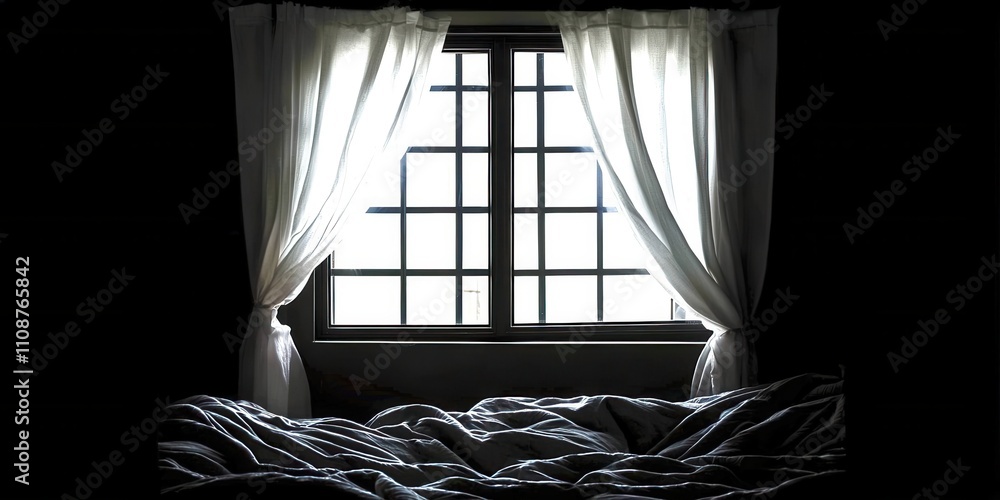 Poster window with white curtains is open