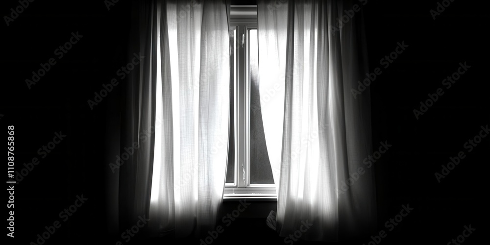 Poster window with white curtains is open
