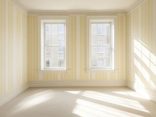 Fototapeta premium Bright and Airy Room with Yellow Striped Walls and Three Large Windows Filling the Space with Natural Light for a Cozy Atmosphere