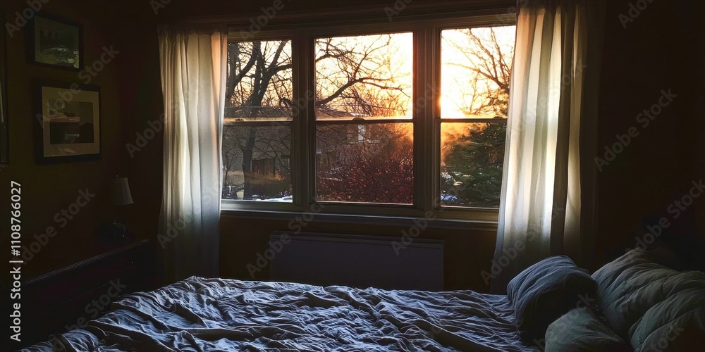 Poster Bed with a window in the background