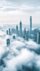 Fototapeta premium A breathtaking view of skyscrapers piercing through the mist, showcasing a serene yet dynamic urban landscape.