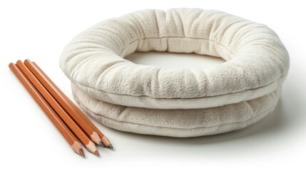 A set of drawing pencils beside a soft neck pillow, representing sketching and relaxation, isolated on white