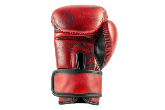 Red boxing glove showcasing wear and tear, emphasizing dedication to training and sport