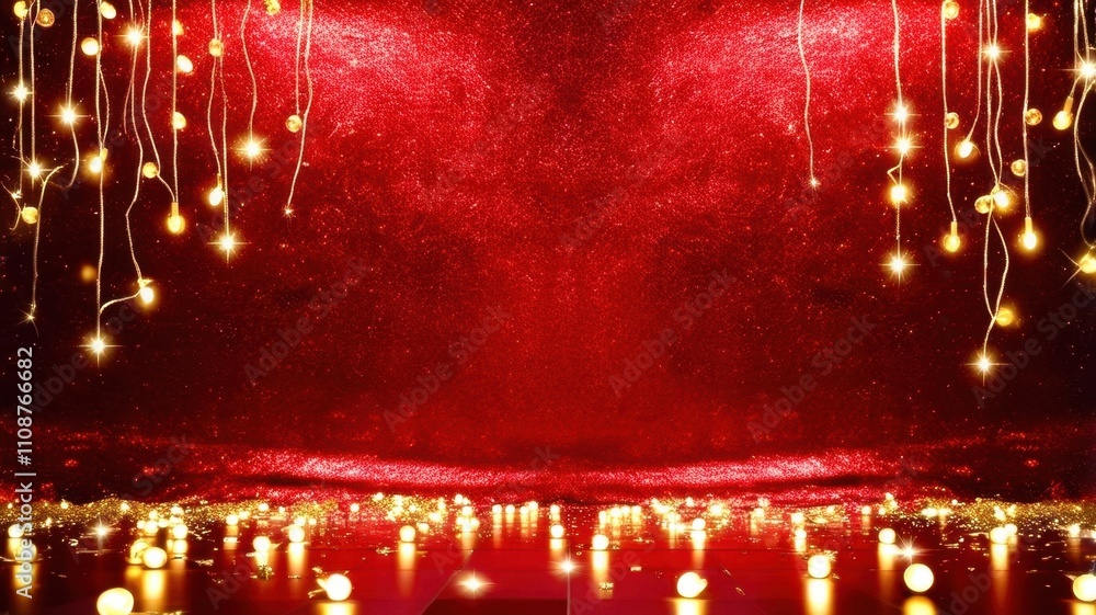 Poster red background with gold lights hanging from the ceiling