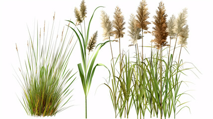 A cutout plant featuring reed grass. Cattail and bulrush isolated on a white background. High-quality clipping mask for professional compositions.
