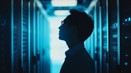 Silhouette of Cloud Computing Specialist in Server Room