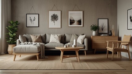 Cozy living room interior, Scandinavian style. Wooden furniture and elegant.