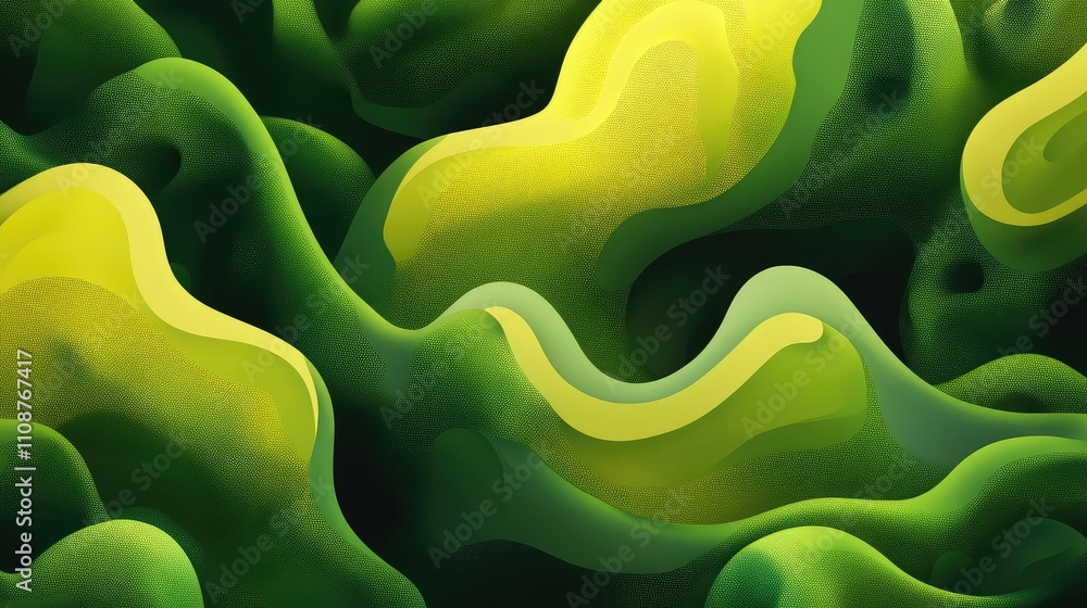 Poster smooth pixel design with organic curves and soft gradients of green and yellow, resembling the textu