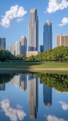 Fototapeta premium Stunning reflection of skyscrapers in a tranquil park with vibrant green trees and a clear blue sky.