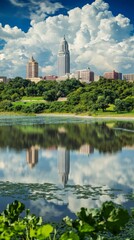 Fototapeta premium A stunning reflection of a vibrant city skyline under a dynamic sky, showcasing a mix of modern architecture and nature.
