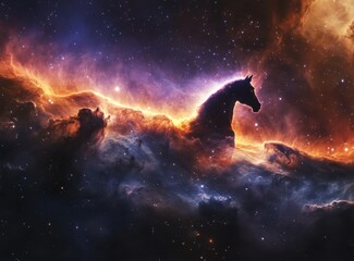 Fototapeta premium Celestial Horse Silhouette Against Cosmic Background with Colorful Nebula and Stars in a Vibrant Space Scene Perfect for Dreamy and Imaginative Visuals
