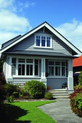Charming Gray House with Beautiful Landscaping Under a Blue Sky, Featuring Classic Architecture and Inviting Front Porch for Family Comfort and Curb Appeal