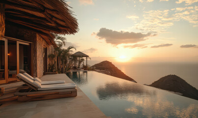 Fototapeta premium Serene sunset view from luxury villa infinity pool