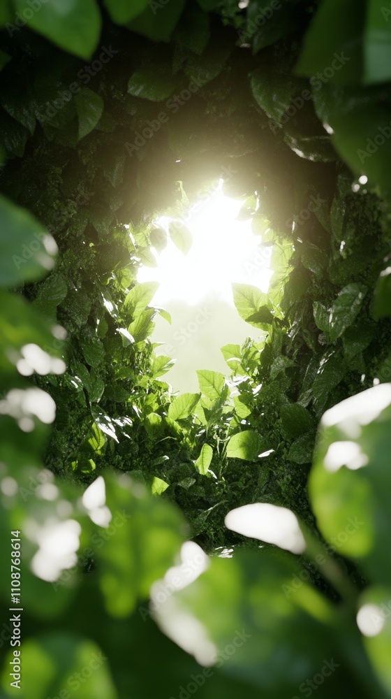 Poster a serene view through lush green leaves, highlighting light filtering in from above, creating a tran